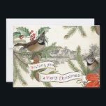 Tarjeta Festiva Vintage Songbird Merry Christmas Village Evergreen<br><div class="desc">Dos cangrejos europeos de cacerolas se colocan en las ramblas verdes adornadas con azulejos y poinsettia,  con una pequeña ciudad a lo lejos. Cartel de época que dice "Te deseo una Feliz Navidad".</div>