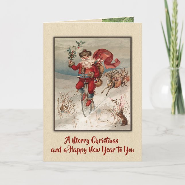 Tarjeta Festiva Vintage St. Nick en un Velocipede (Anverso)