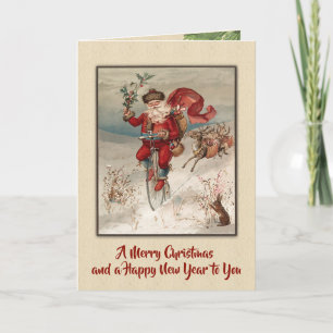 Tarjeta Festiva Vintage St. Nick en un Velocipede