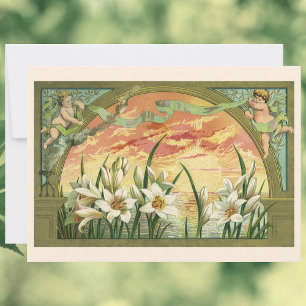 Tarjeta Festiva Vintage Sunrise Easter Lilies y Angels victorianos
