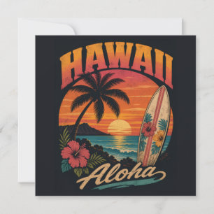Tarjeta Festiva Vintage Sunset Palms Surfboard Aloha Hawaiano