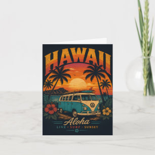 Tarjeta Festiva Vintage Sunset Palms Surfboard Aloha Hawaiano