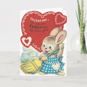 Tarjeta Festiva Vintage Sweeping Bunny Valentine