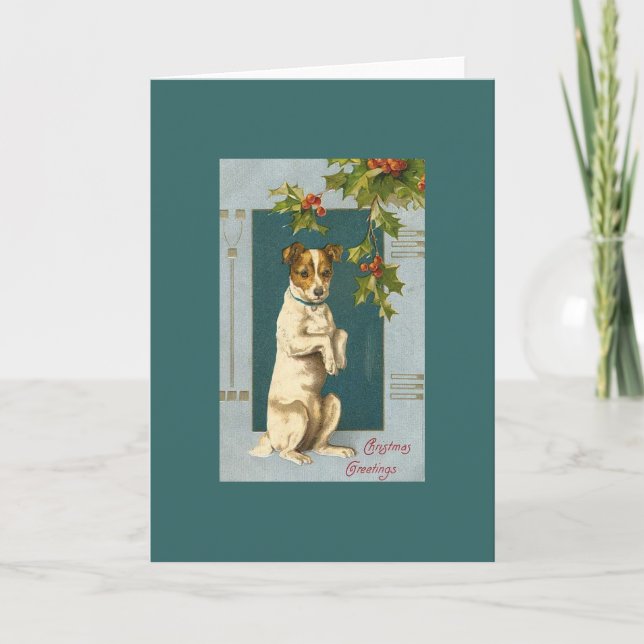 Tarjeta Festiva Vintage Terrier y Holly (Anverso)