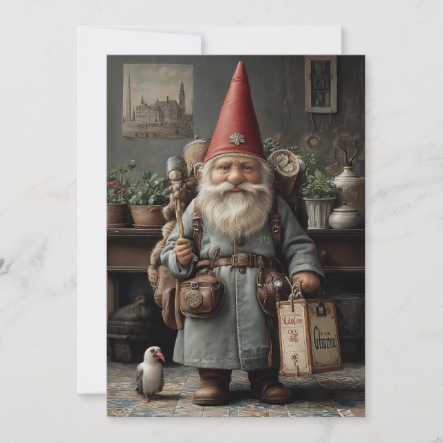 Tarjeta Festiva Vintage Traveler Christmas Gnome (Anverso)