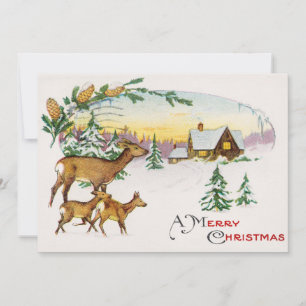 Tarjeta Festiva Vintage, un ciervo navideño y casa en nieve