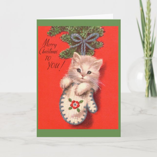 Tarjeta Festiva Vintage - un gatito para el navidad, (Anverso)