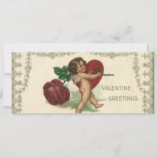 Tarjeta Festiva Vintage Valentine Cherub, Rosa y corazón