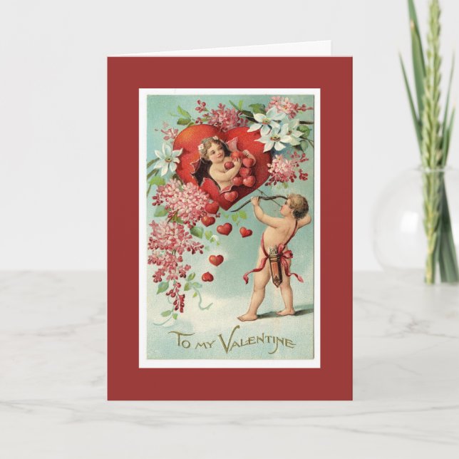 Tarjeta Festiva Vintage Valentine Cherubs and Hearts (Anverso)