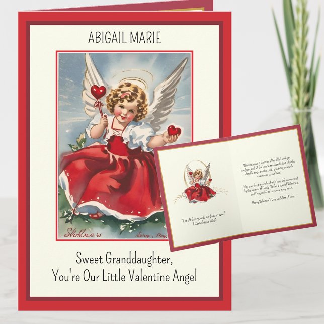 Tarjeta Festiva Vintage Valentine Chica Angel Abuelos (Vintage love for a grandchild, where angelic sweetness meets the comforting embrace of scripture. )