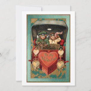 Tarjeta Festiva Vintage Valentine Couple en auto con corazones