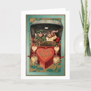 Tarjeta Festiva Vintage Valentine Couple en auto con corazones
