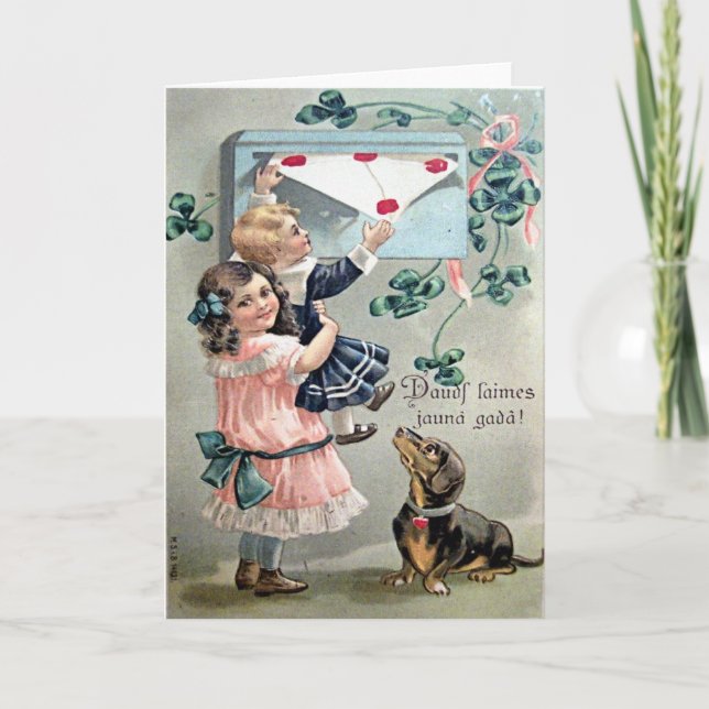 Tarjeta Festiva Vintage Valentine Dachshund (Anverso)