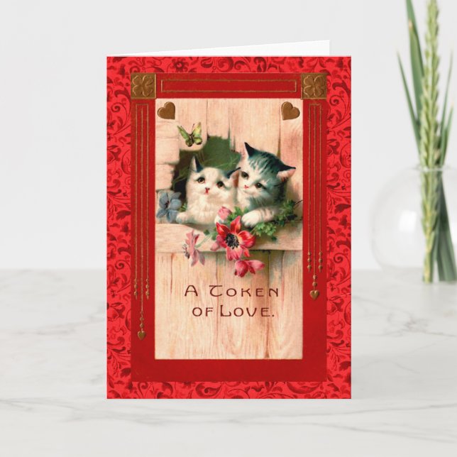 Tarjeta Festiva Vintage Valentine Gray Kittens & Hearts (Anverso)