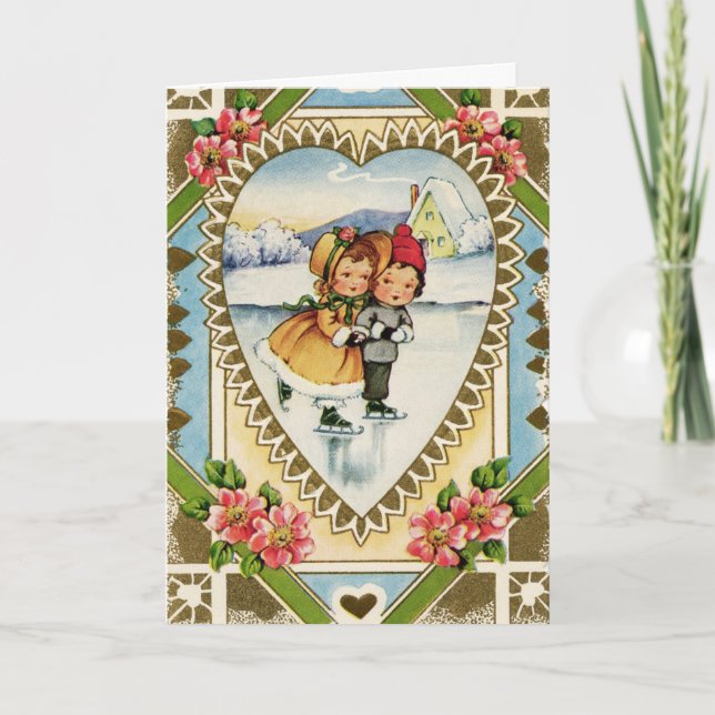 Tarjeta Festiva Vintage Valentine Ice Skaters (Anverso)