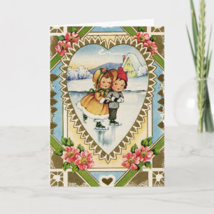 Tarjeta Festiva Vintage Valentine Ice Skaters