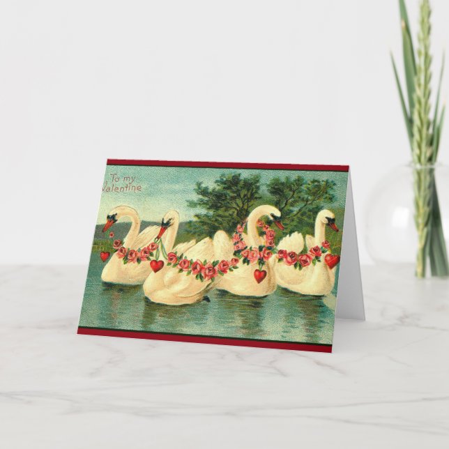 Tarjeta Festiva Vintage Valentines Swans and Hearts (Anverso)