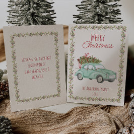 Tarjeta Festiva Vintage Watercolor Green Car Navidades No Foto