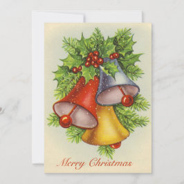 Tarjeta Festiva Vintage Watercolor Merry Christmas Holly Bells