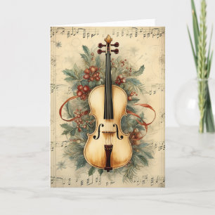 Tarjeta Festiva Vintage Watercolor Navidades Hoja Cello de Música