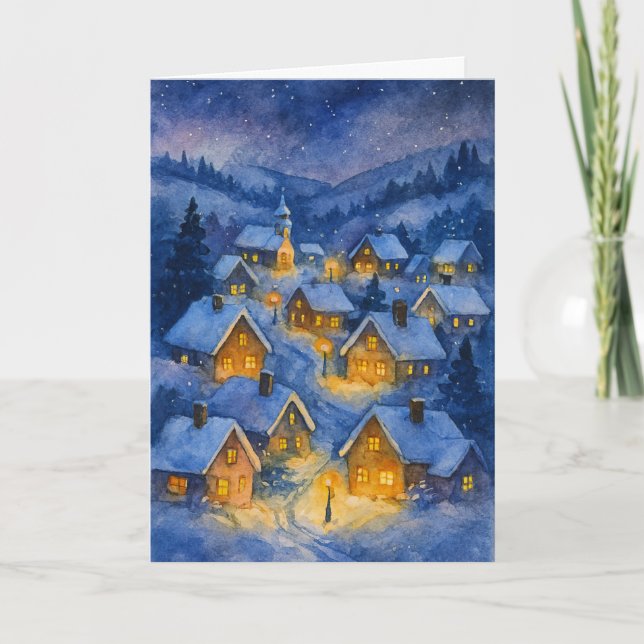 Tarjeta Festiva Vintage Watercolor Night Village Christmas (Anverso)