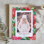 Tarjeta Festiva Vintage Watercolor Rojo Poinsettias Foto Vertical<br><div class="desc">Feliz Navidad! Envíe un saludo de Navidades a la familia y amigos con esta tarjeta floral de vacaciones. Cuenta con ilustraciones acuáticos o con poinsettias rojas y rosas,  bayas y vegetación. Personalice agregando una foto,  nombres y mensajes.</div>