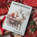 Tarjeta Festiva Vintage Watercolor Santa y Reindeer Sled<br><div class="desc">Este diseño fue creado a través del arte digital y puede ser personalizado en el área que proporciona cambiando la foto y/o el texto. O puede personalizarse eligiendo la opción de hacer clic en el personalizar y borrar o cambiar el color del fondo, agregar texto, cambiar el color o estilo...</div>