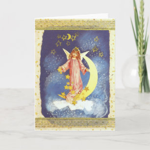 Tarjeta Festiva Vintage Weihnachts ángel con media luna en azul