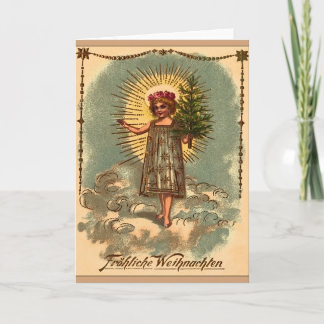 Tarjeta Festiva Vintage Weihnachtskarte "Engel mit Weihnachtsbaum" (Anverso)