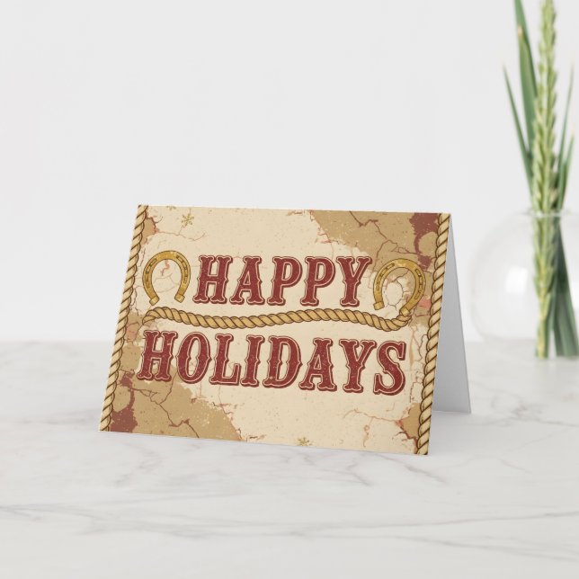 Tarjeta Festiva Vintage Western Happy Holidays Christmas (Anverso)