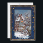 Tarjeta Festiva Vintage Winter Cottage Navidades saludan<br><div class="desc">Encantador ilustracion de invierno restaurado de la época victoriana,  con cabaña cubierta de nieve con cielo estrellado por la noche y Navidades saludando con marco antiguo. Atrás se muestran gráficos complementarios y campos de texto editables para su nombre y mensaje personal.</div>