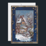 Tarjeta Festiva Vintage Winter Cottage Navidades saludan<br><div class="desc">Encantador ilustracion de invierno restaurado de la época victoriana,  con cabaña cubierta de nieve con cielo estrellado por la noche y Navidades saludando con marco antiguo. Atrás se muestran gráficos complementarios y campos de texto editables para su nombre y mensaje personal.</div>