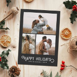 Tarjeta Festiva Vintage Winter Naranjas 3 Collage de fotos<br><div class="desc">Esta hermosa tarjeta fotográfica de vacaciones presenta tipografía de estilo vintage que dice "Felices Fiestas,  junto con tres plantillas de fotos. La parte trasera de la tarjeta presenta un diseño vintage de naranjas y flores de invierno.</div>