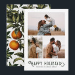 Tarjeta Festiva Vintage Winter Naranjas 3 Collage de fotos<br><div class="desc">Esta hermosa tarjeta fotográfica de vacaciones presenta tipografía de estilo vintage que dice "Felices Fiestas,  junto con tres plantillas de fotos. La parte trasera de la tarjeta presenta un diseño vintage de naranjas y flores de invierno.</div>