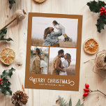 Tarjeta Festiva Vintage Winter Naranjas 3 Collages de fotos Navida<br><div class="desc">Esta hermosa tarjeta fotográfica de vacaciones presenta una tipografía de estilo vintage que dice "Feliz Navidad",  junto con tres plantillas de fotos. La parte trasera de la tarjeta presenta un diseño vintage de naranjas y flores de invierno.</div>