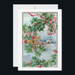 Tarjeta Festiva Vintage Winter Rural Village and Navidades Holly<br><div class="desc">Encantadora escena de invierno rural con cabañas cubiertas de nieve,  montañas y árboles en la frontera gris claro y hueco festivo atado con cinta roja. Funciones de fondo diseñadas especialmente para gráficos complementarios con campos de texto editables.</div>