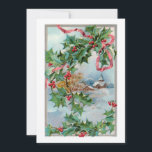 Tarjeta Festiva Vintage Winter Rural Village and Navidades Holly<br><div class="desc">Encantadora escena de invierno rural con cabañas cubiertas de nieve,  montañas y árboles en la frontera gris claro y hueco festivo atado con cinta roja. Funciones de fondo diseñadas especialmente para gráficos complementarios con campos de texto editables.</div>