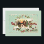 Tarjeta Festiva Vintage Winter Scene and Navidades Greeting<br><div class="desc">Hermosa escena rústica de invierno al atardecer en una pancarta antigua rodeada de hueso,  cinta y saludo iluminado sobre fondo verde azulado claro. Imagen complementaria al reverso con texto de personalizable.</div>