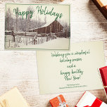 Tarjeta Festiva Vintage Winter Snowy Barn Photo Custom<br><div class="desc">This holiday flat card front features a green framed snowy rustic barn and landscape photograph with a matching green "Happy Holidays" message along the top. Personalize the front and back greetings in the text fields or remove the text for a blank inside. You can also replace the front placeholder photograph...</div>