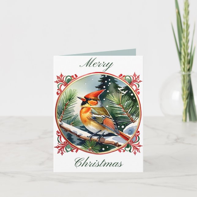 Tarjeta Festiva Vintage Winter Wonderland: Navidades cardinales (Anverso)