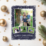 Tarjeta Festiva Vintage Winter Wonderland Navidades Collage de fot<br><div class="desc">Celebra las vacaciones con este Collage de fotos navideño de invierno festivo. Un borde de nieve rodea las 4 fotos que se colocan sobre un fondo azul oscuro. Agregue el texto de su personalizado al frente y al revés. Con un toque rústico/vintage, la carta sigue siendo de diseño y clásica....</div>