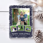 Tarjeta Festiva Vintage Winter Wonderland Navidades Collage de fot<br><div class="desc">Celebra las vacaciones con este Collage de fotos navideño de invierno festivo. Un borde de nieve rodea las 4 fotos que se colocan sobre un fondo azul marino. Agregue el texto de su personalizado al frente y al revés. Con un toque rústico/vintage, la carta sigue siendo de diseño y clásica....</div>
