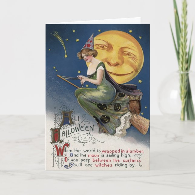 Tarjeta Festiva Vintage Witch Halloween Card (Anverso)