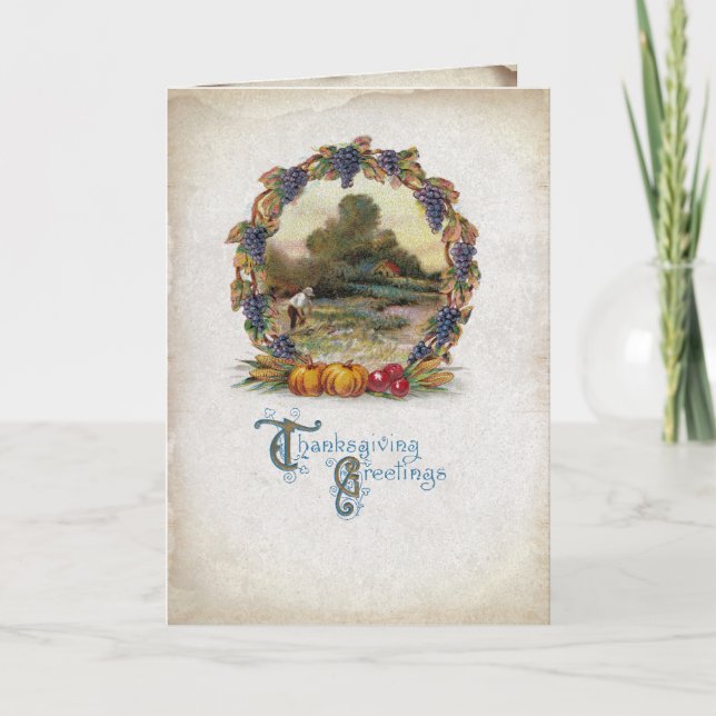 Tarjeta Festiva VintageThanksending Wreath Harvest Scene (Anverso)