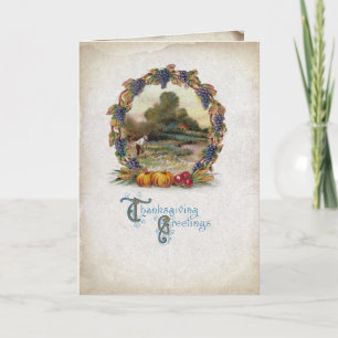 Tarjeta Festiva VintageThanksending Wreath Harvest Scene