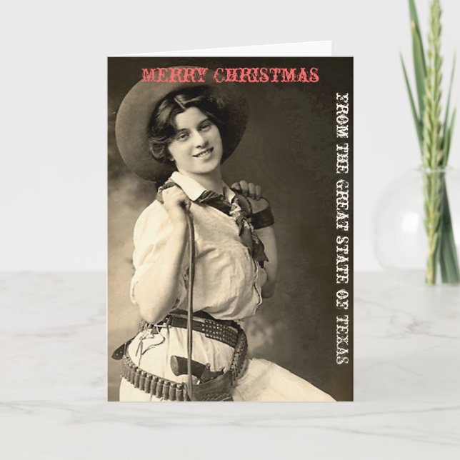 Tarjeta Festiva Vintgirl Texas Merry Christmas (Anverso)