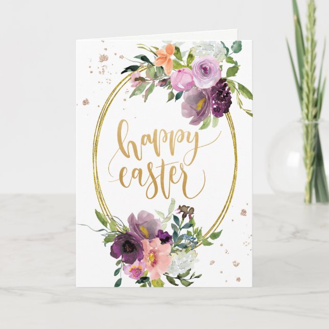 Tarjeta Festiva Violet Lavender Floral Gold Frame Feliz Pascua (Anverso)