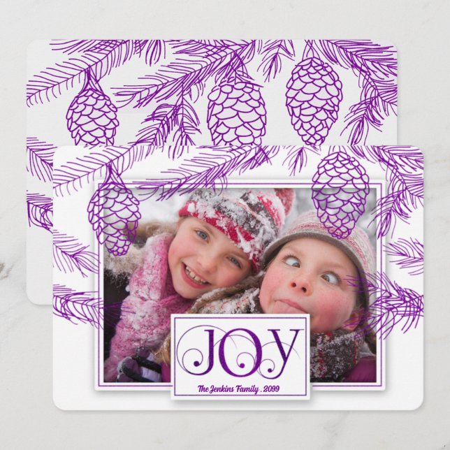 Tarjeta Festiva Violet Purple Pines Navidades Joy Photo (Anverso / Reverso)