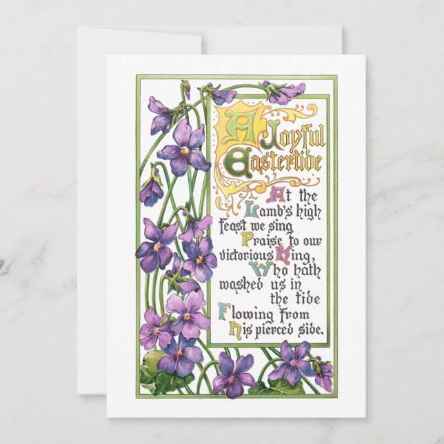 Tarjeta Festiva Violetas de época y versos religiosos de Pascua (Anverso)