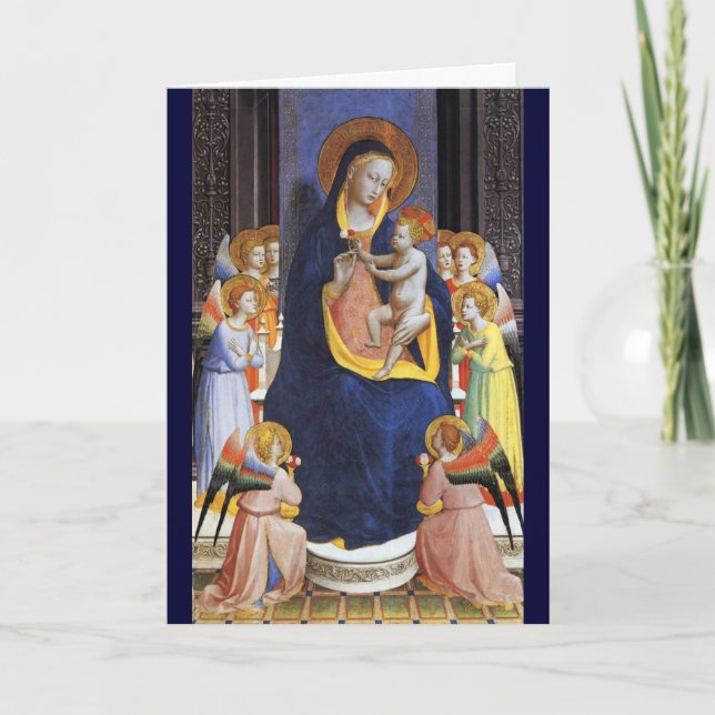 Tarjeta Festiva VIRGEN CON ÁNGELES Y SANTOS INFANTILES, Zafiro Azu (Anverso)